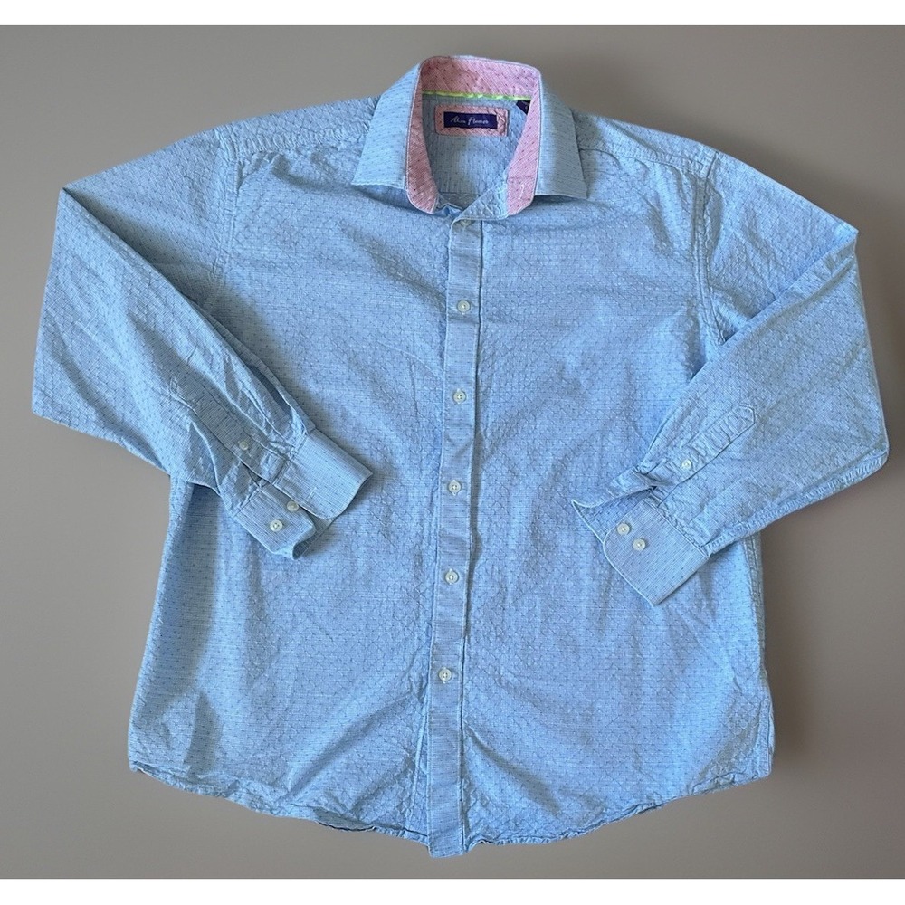 Alan Flusser Long Sleeve Button Down Shirt Blue Stitched Pattern Large JBHS